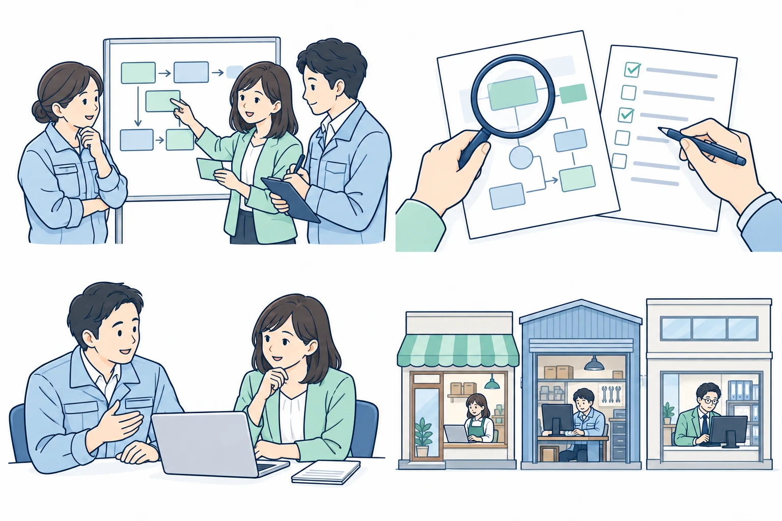仕事の流れをホワイトボードで整理する三人