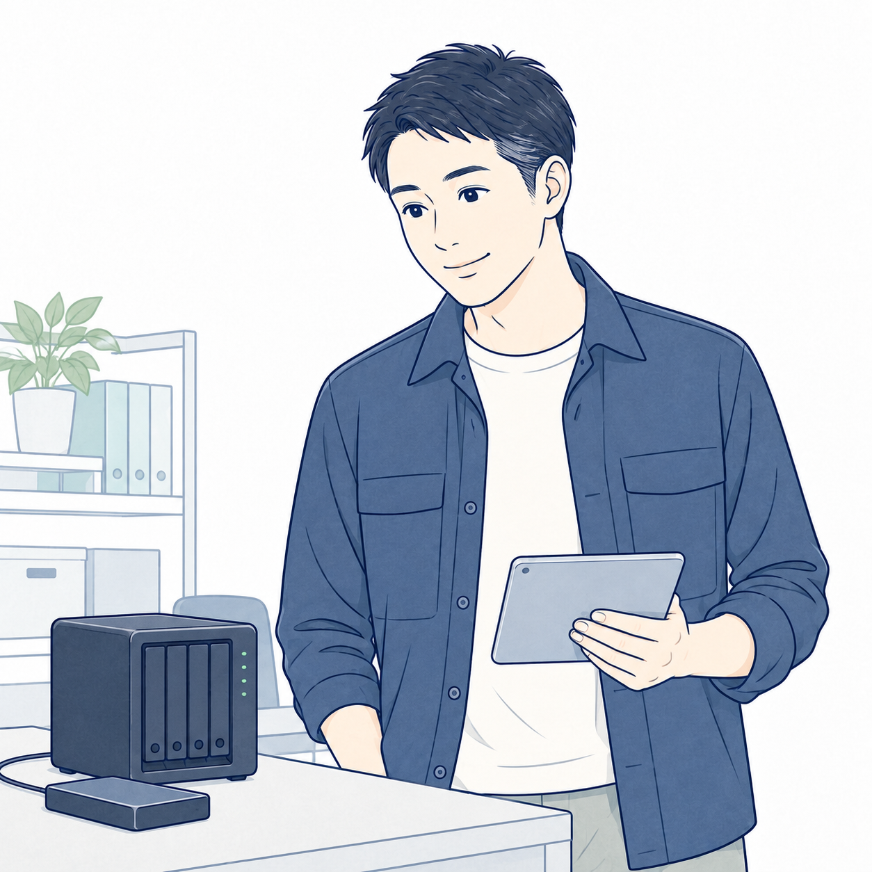 機器のそばでタブレットを持つ、架空のAI社員・藤崎慎吾