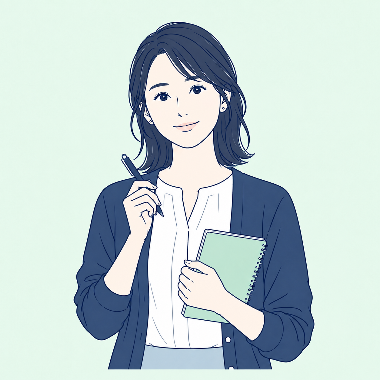 ノートを手にした、AI社員 瑞原しおりのイラスト